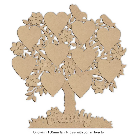 Wooden family tree with birds and hearts