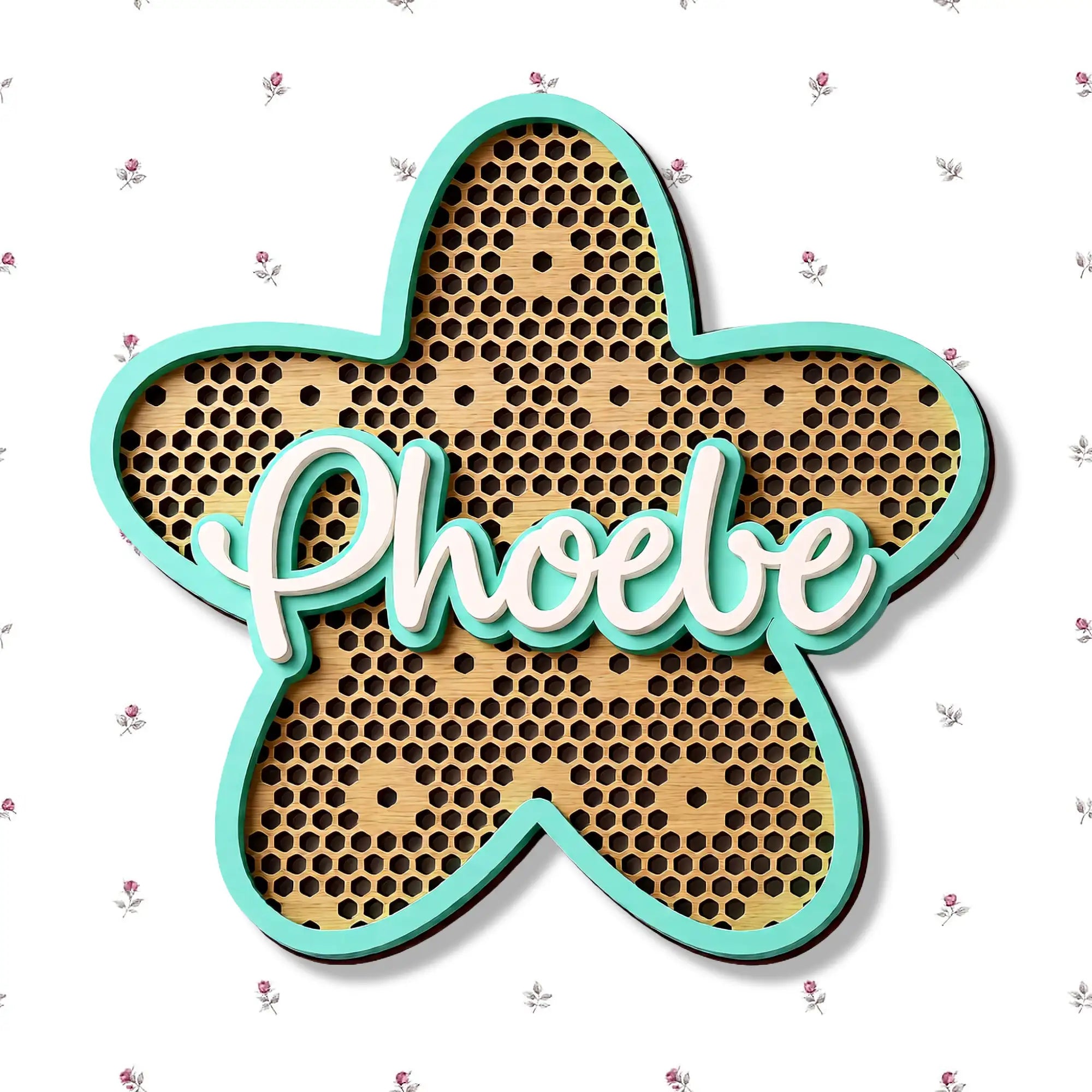 Bespoke wooden nursery name sign with layered floral rattan detail
