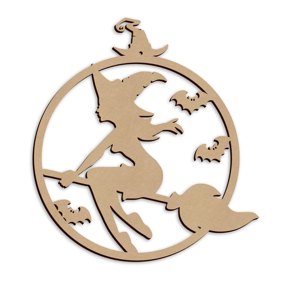 Laser cut Flying Witch Halloween Wall Plaque made from MDF.