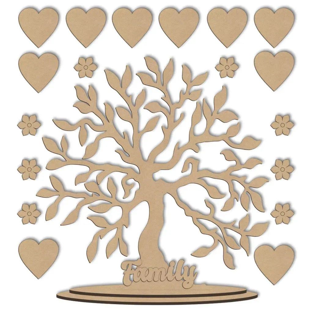 Wooden family tree decoration with hearts and flowers