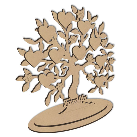 Wooden shaped rustic family Tree with hearts and flowers