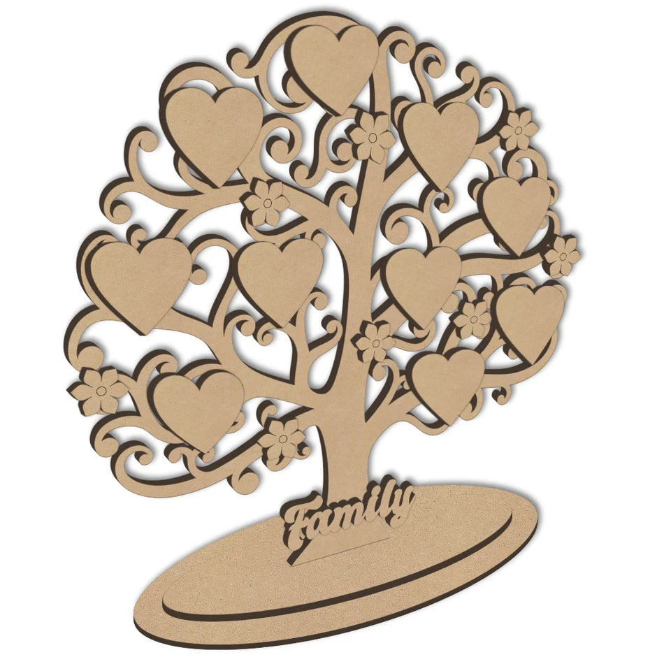 Wooden family tree decoration with hearts and flowers