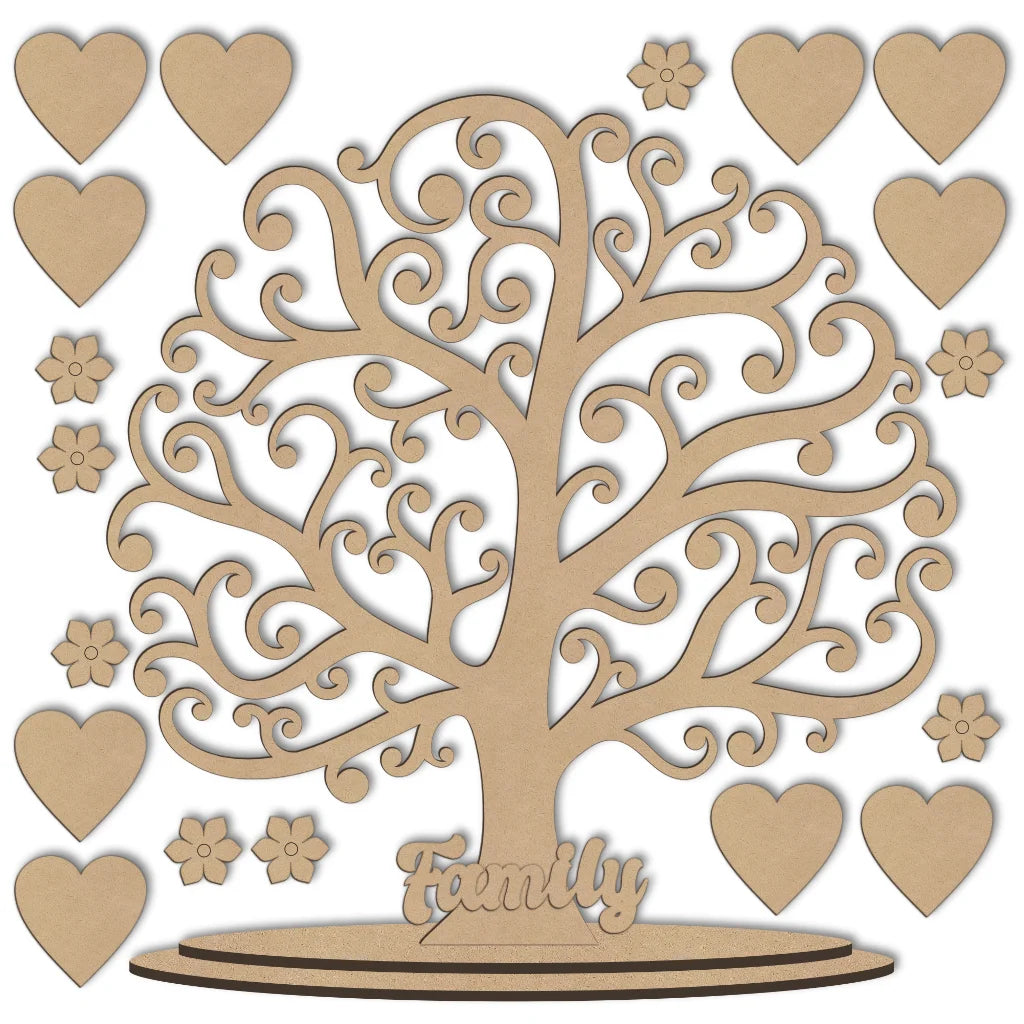 Freestanding wooden family tree with hearts and flowers