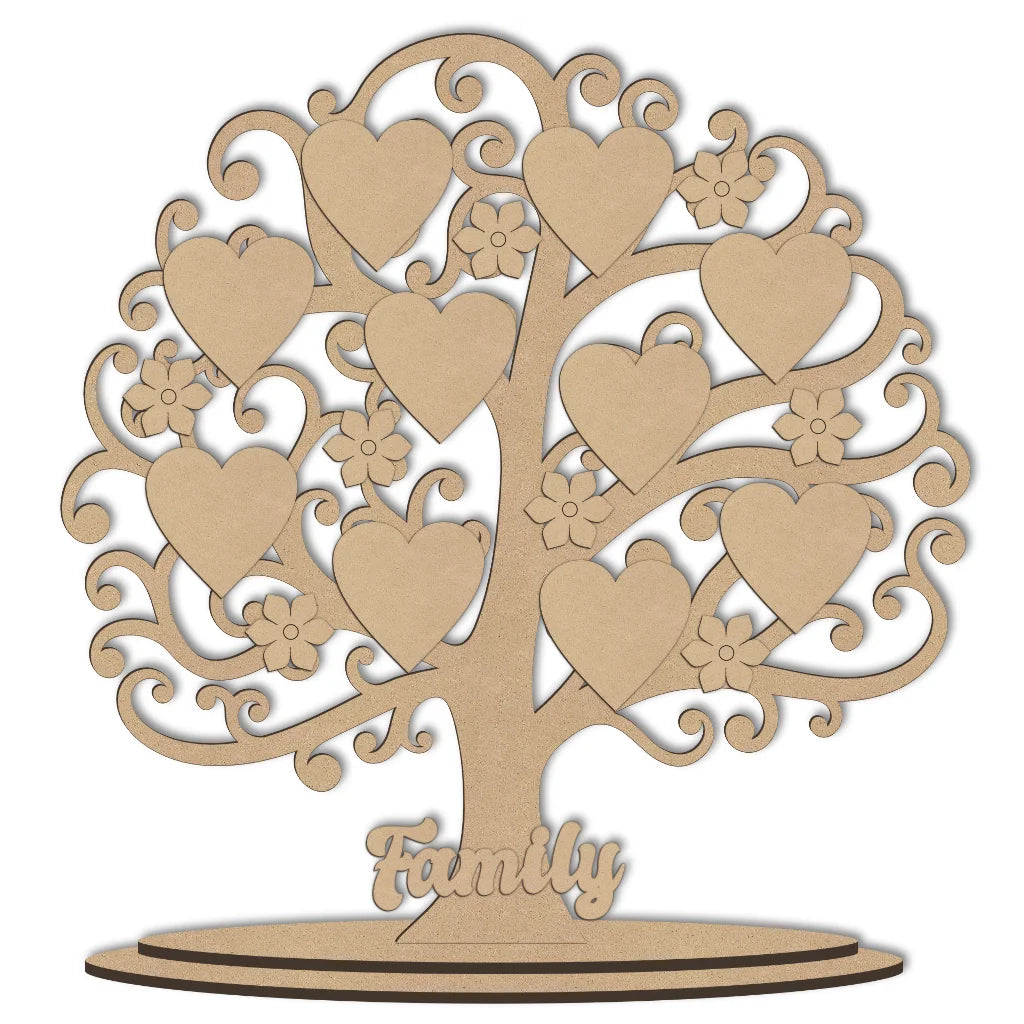 Wooden family tree with hearts and flowers