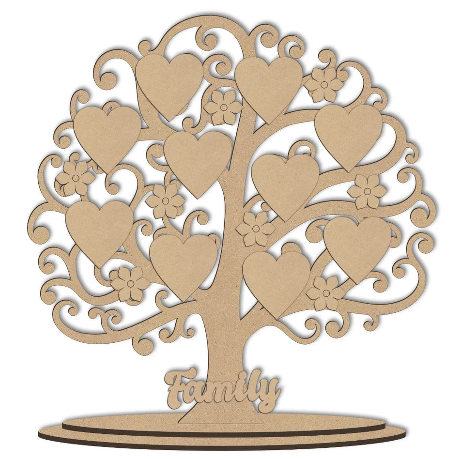 Wooden family tree with hearts and flowers