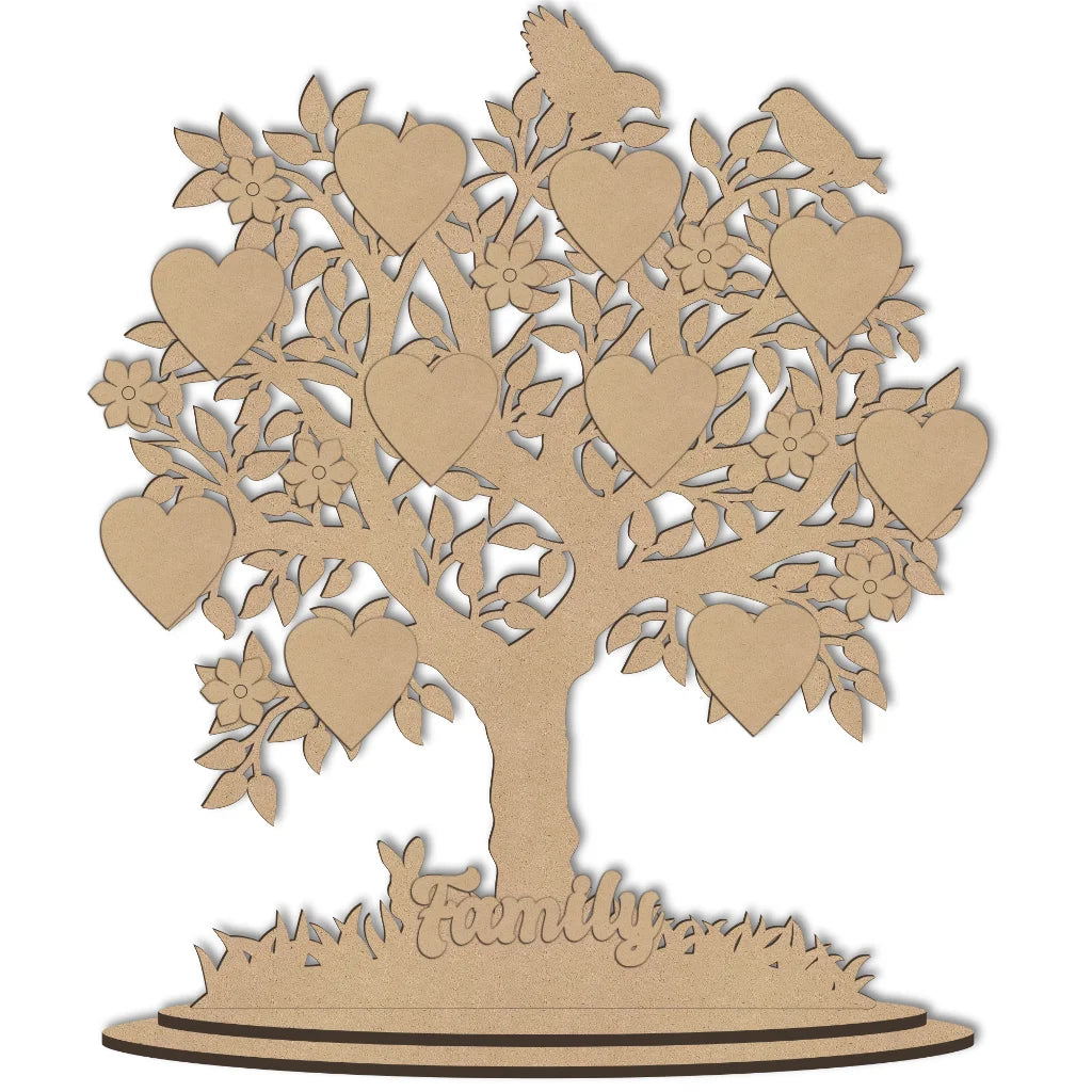 Freestanding wooden family tree decoration with birds, hearts and flowers