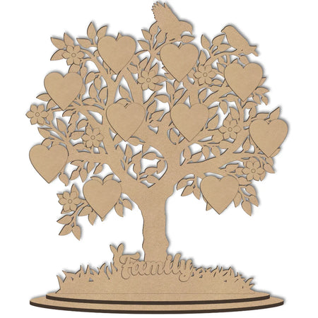 Freestanding wooden family tree decoration with birds, hearts and flowers