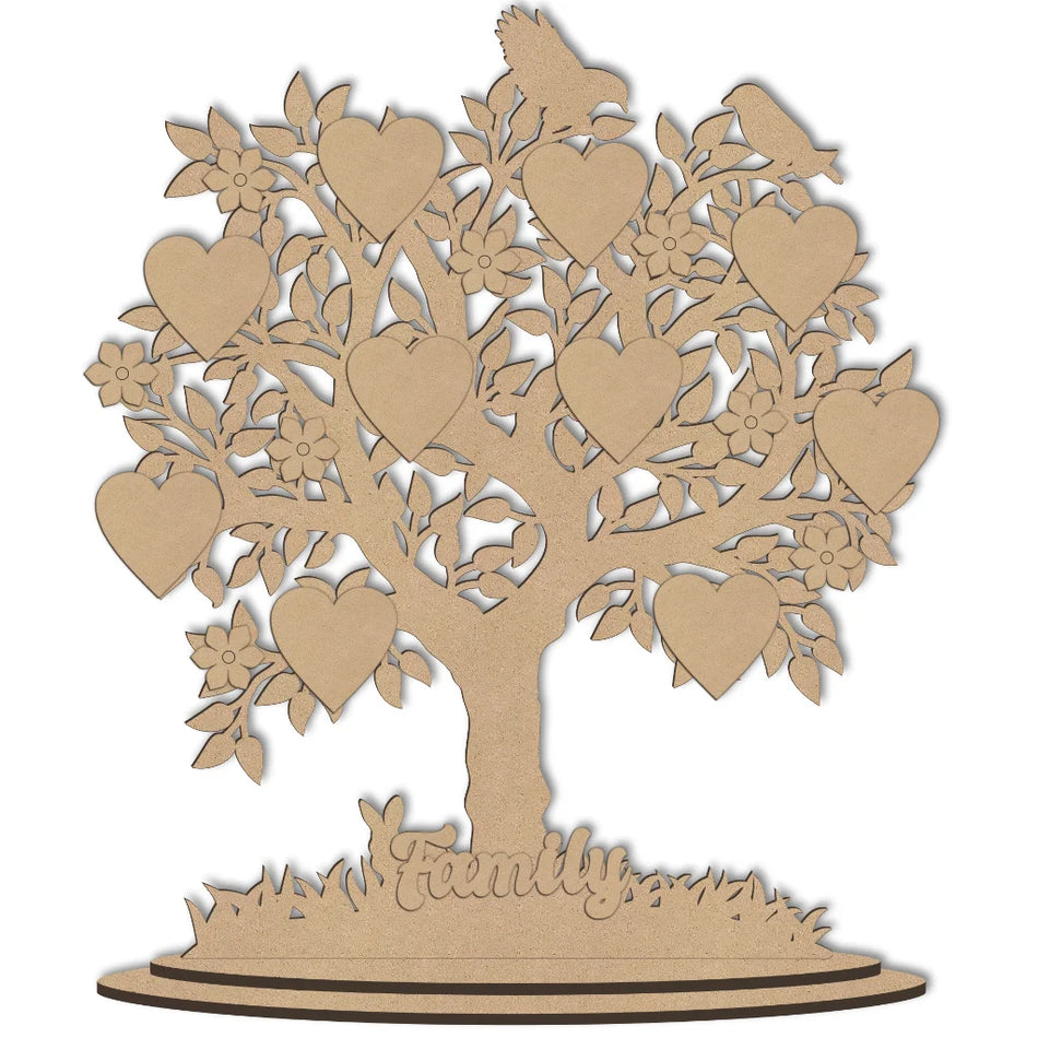 Freestanding wooden family tree decoration with birds, hearts and flowers
