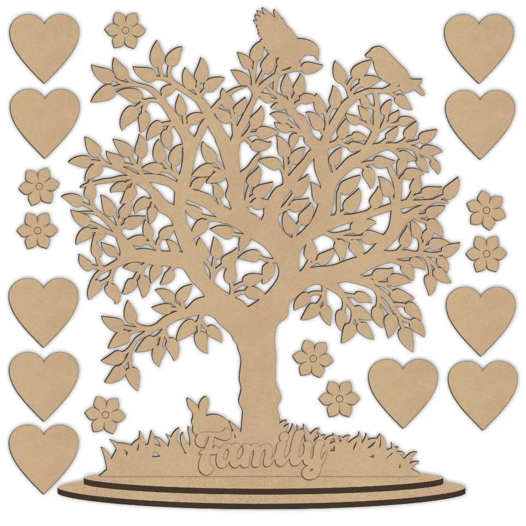 Freestanding family tree with birds, hearts, flowers, and a rabbit