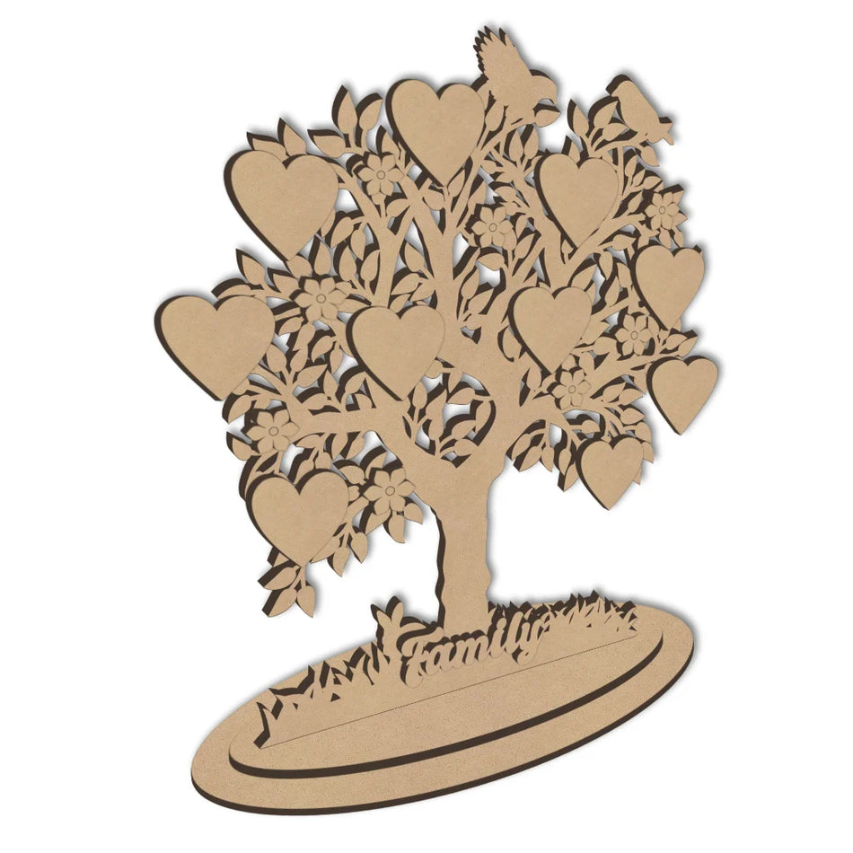 Wooden freestanding family tree with heart and flowers