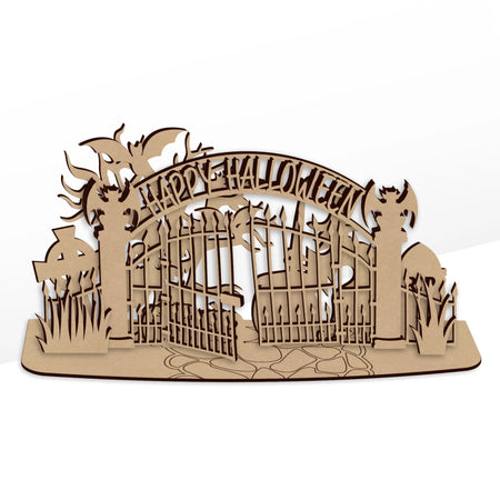 Freestanding laser cut wooden Halloween graveyard decoration for spooky seasonal displays.