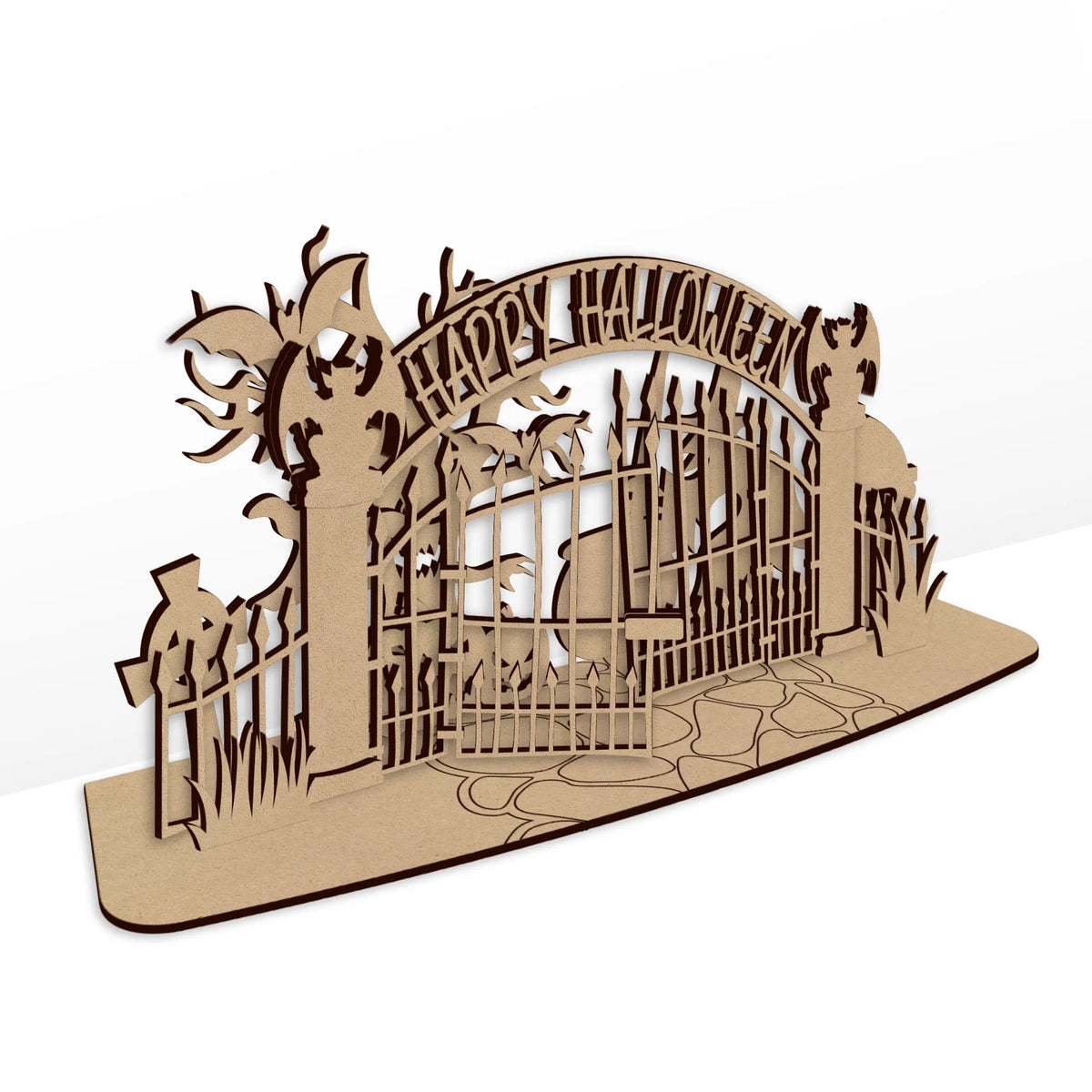 Wooden Freestanding laser cut Halloween graveyard ready to be decorated for the spooky seasonal.