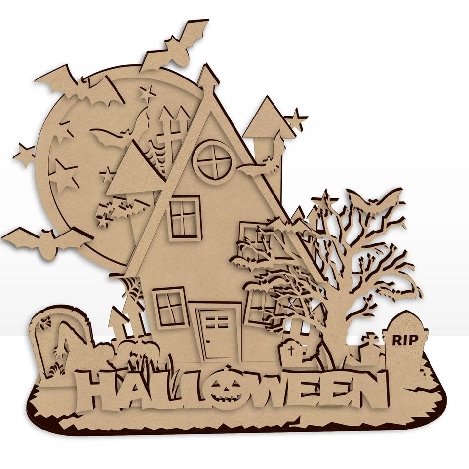 Freestanding laser cut wooden haunted house Halloween decoration.
