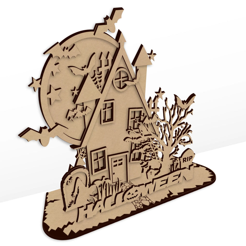 Freestanding wooden Halloween haunted house decoration.
