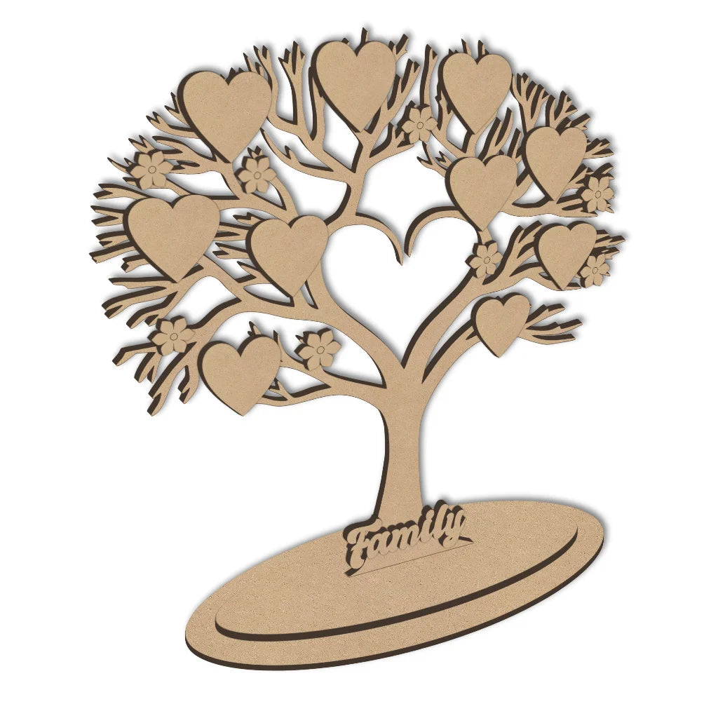 Wooden heart branch family tree with hearts and flowers