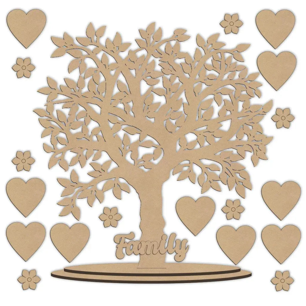 Wooden family tree showing hearts and flowers