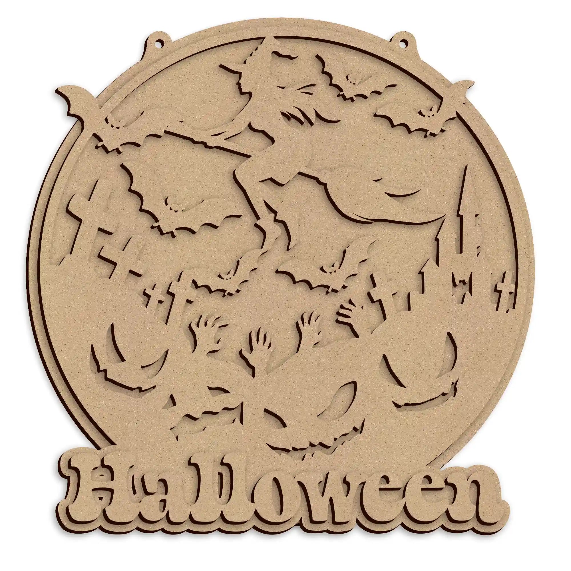 A wooden Halloween wall plaque featuring a witch riding a broomstick, with the word 'Halloween' across the bottom, shown on a white background.