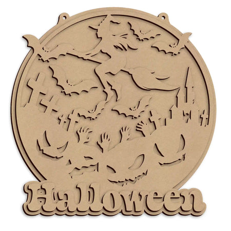 A wooden Halloween wall plaque featuring a witch riding a broomstick, with the word 'Halloween' across the bottom, shown on a white background.