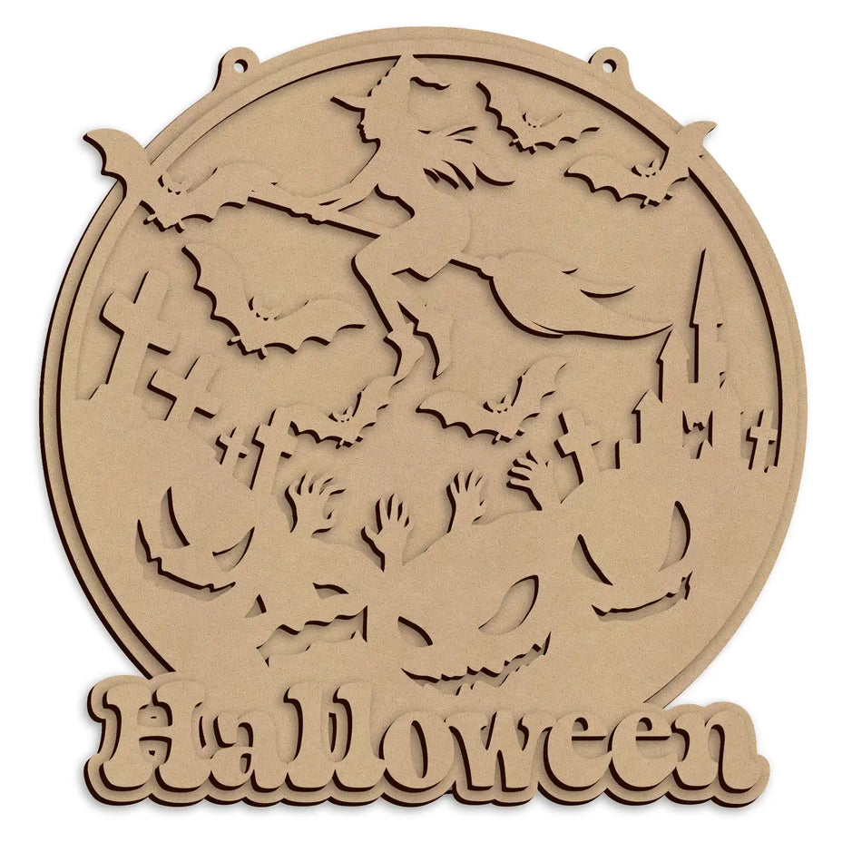 A wooden Halloween wall plaque featuring a witch riding a broomstick, with the word 'Halloween' across the bottom, shown on a white background.