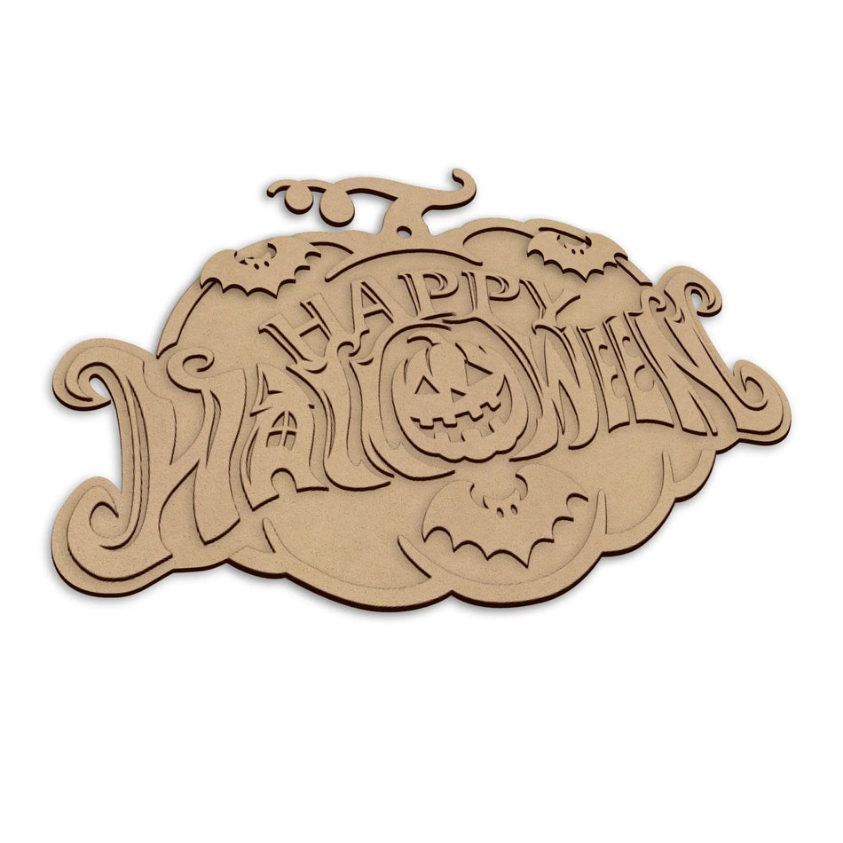 A Halloween decoration featuring the words 'Happy Halloween', shown on a plain white background.