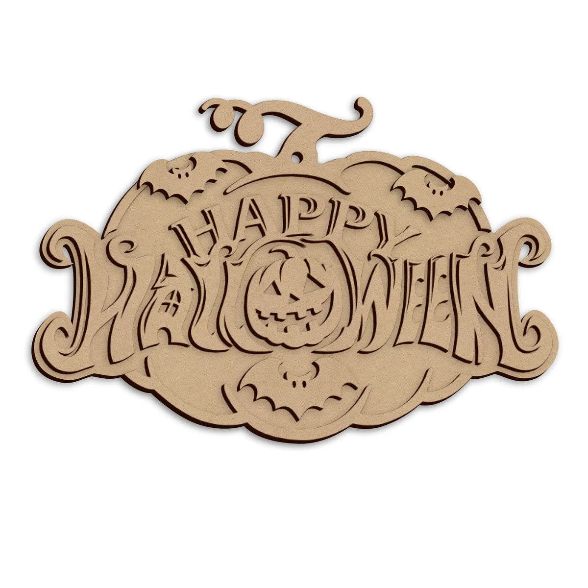 A laser-cut wooden Halloween plaque, featuring the words 'Happy Halloween', shown on a plain white background.