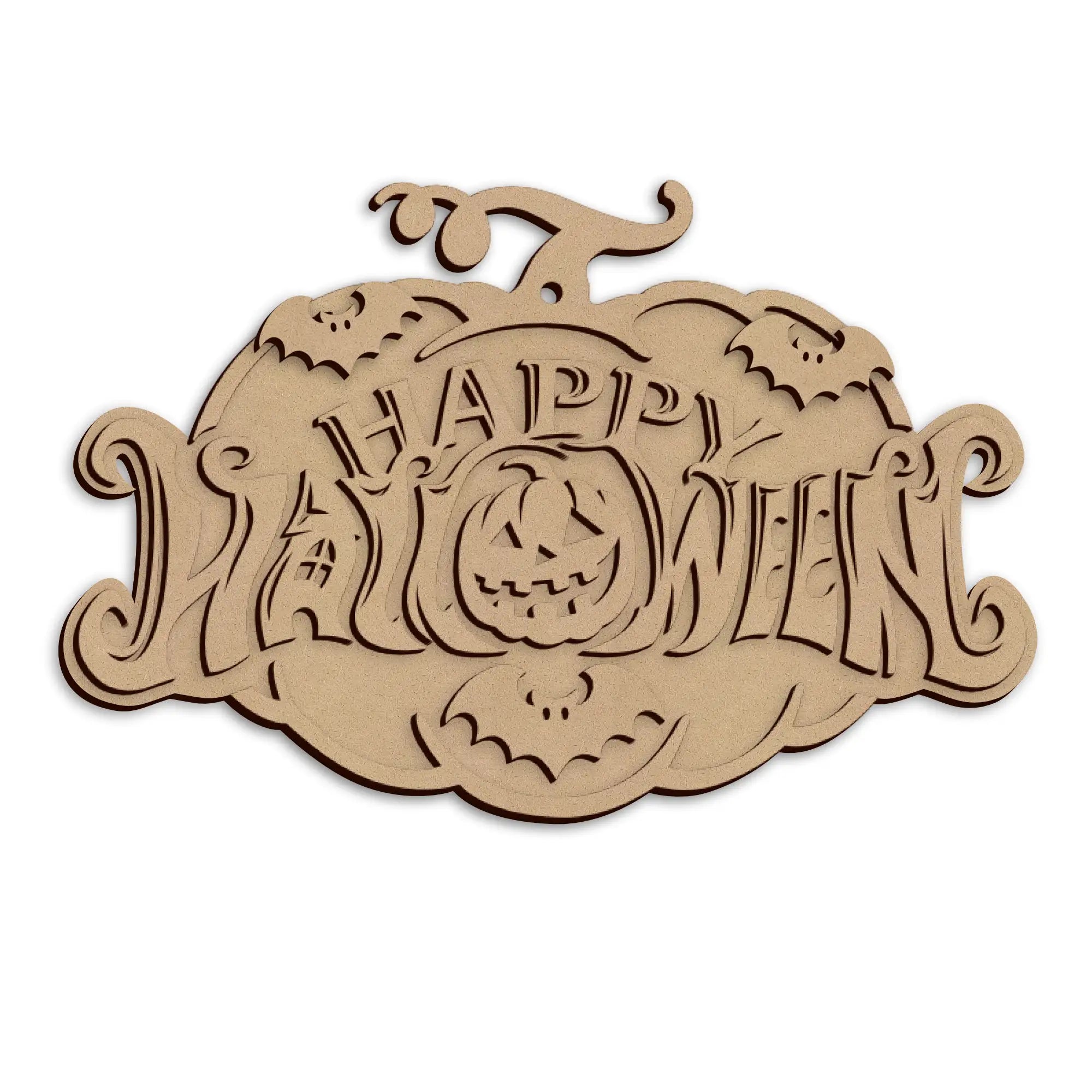 A laser-cut wooden Halloween plaque, featuring the words 'Happy Halloween', shown on a plain white background.