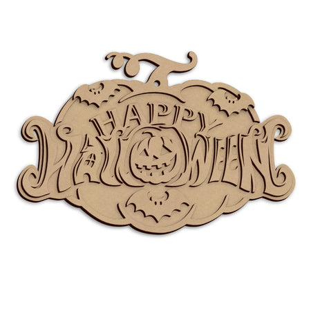 A laser-cut wooden Halloween plaque, featuring the words 'Happy Halloween', shown on a plain white background.