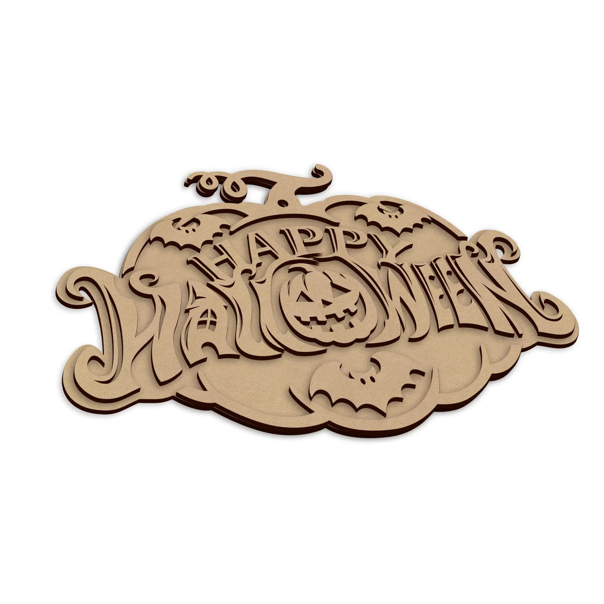 Wooden Halloween Pumpkin Wall Plaque laser cut and ready for spooky seasonal decorating.
