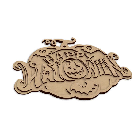 Wooden Halloween Pumpkin Wall Plaque laser cut and ready for spooky seasonal decorating.