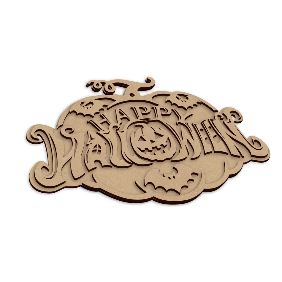 Wooden Halloween Pumpkin Wall Plaque laser cut and ready for spooky seasonal decorating.