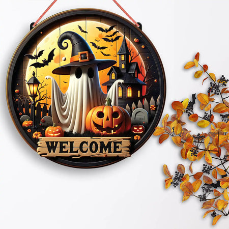 Halloween-themed decorative wall plaque with ghost, pumpkins, and haunted house design.