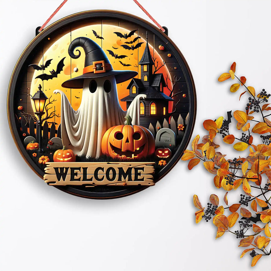 Halloween-themed decorative wall plaque with ghost, pumpkins, and haunted house design.