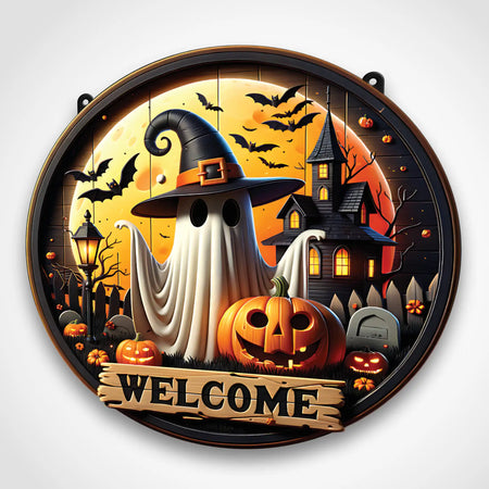 Halloween-themed decorative wall sign with ghost, pumpkin, and haunted house.