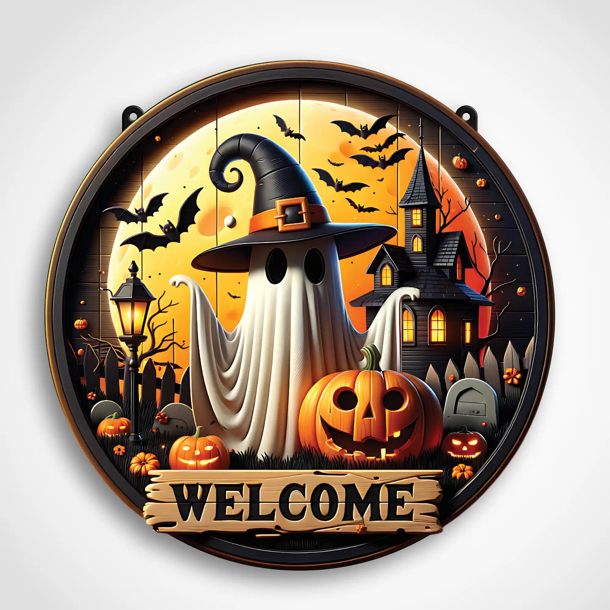 Halloween-themed decorative sign with ghost, pumpkins, and haunted house design.