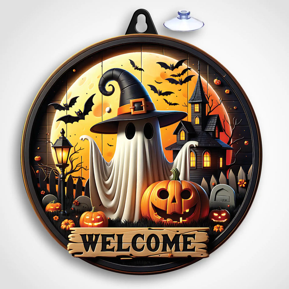 Halloween-themed decorative plaque with ghost, pumpkin, and haunted house design.