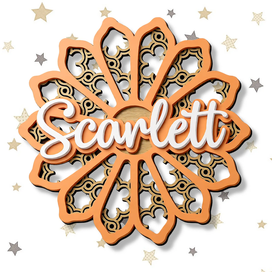 Handcrafted nursery name plaque with rattan flower detail