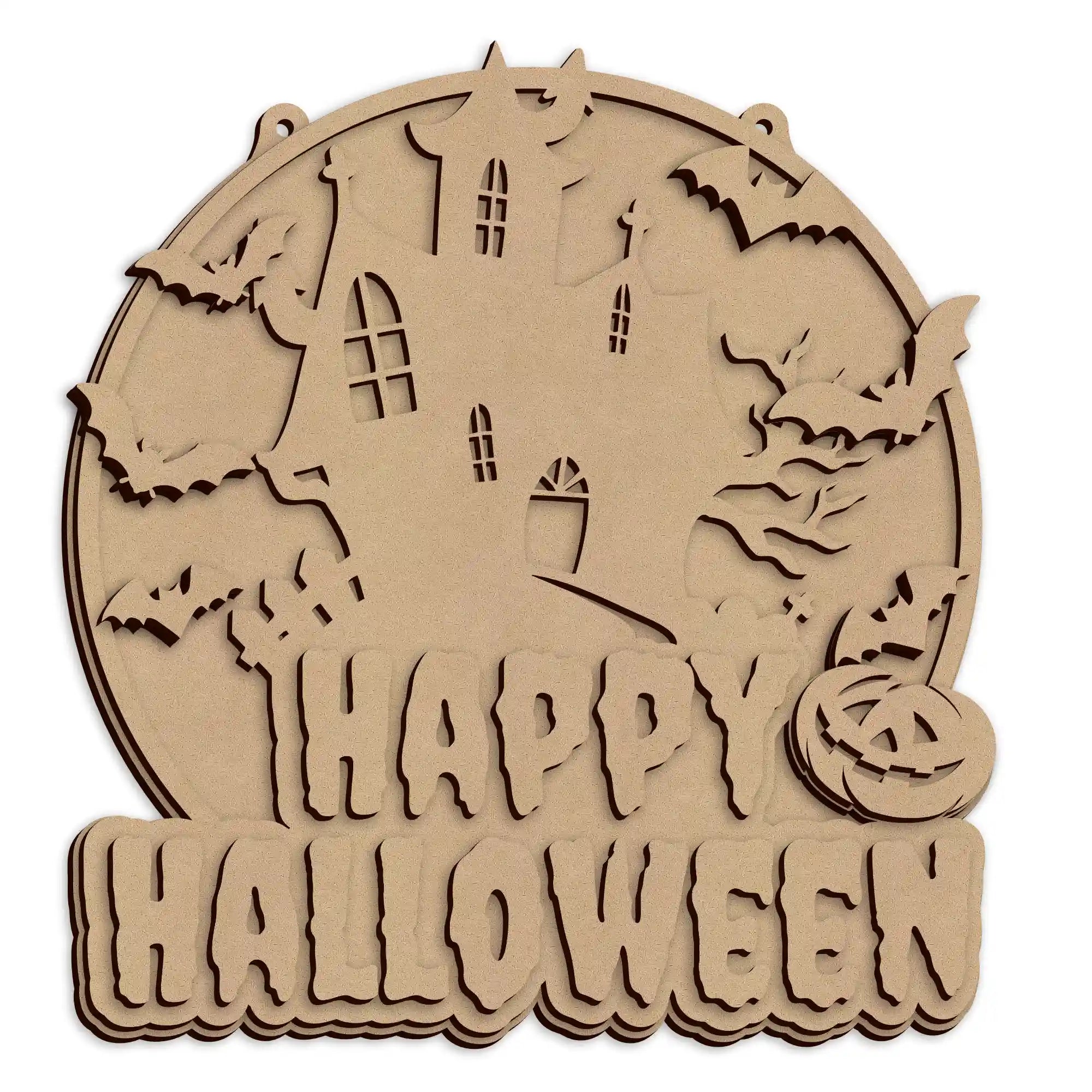 Laser cut Happy Halloween Haunted House Plaque for seasonal wall decoration.
