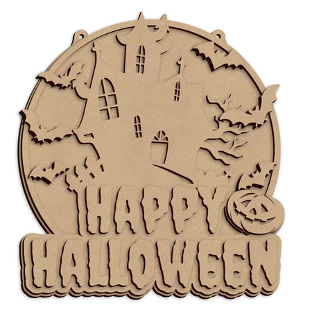 Laser cut Happy Halloween Haunted House Plaque for seasonal wall decoration.