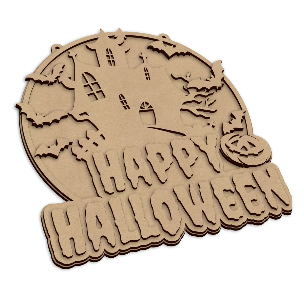 Wooden Happy Halloween Haunted House Plaque ready for a seasonal wall decoration.
