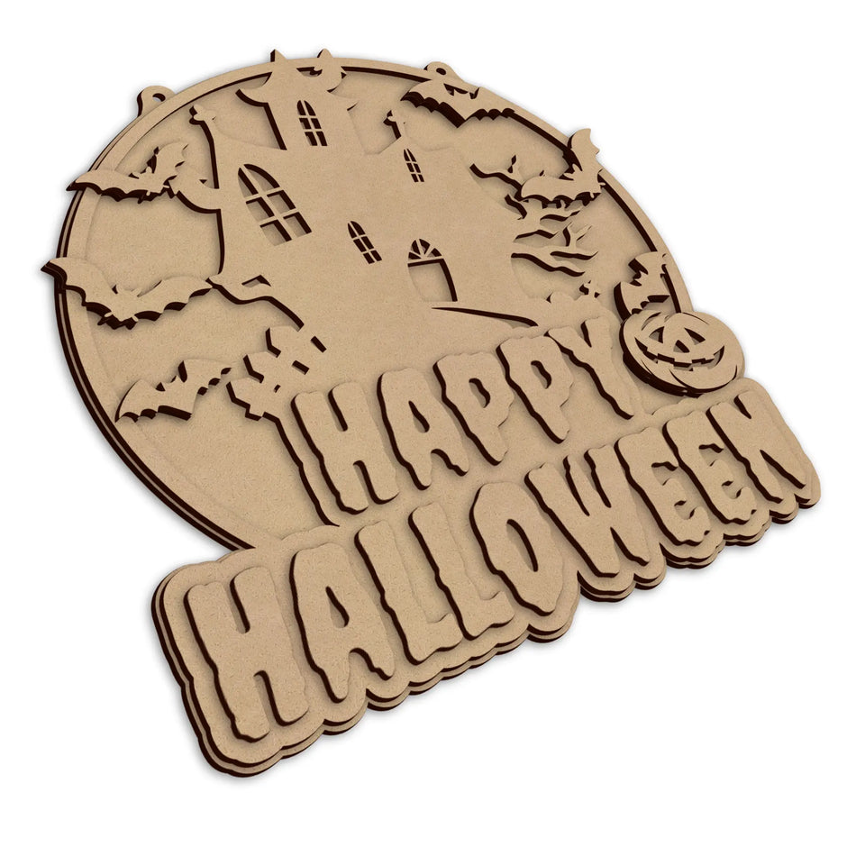 A Happy Halloween haunted house plaque, with the words 'HAPPY HALLOWEEN', shown on a plain white background.