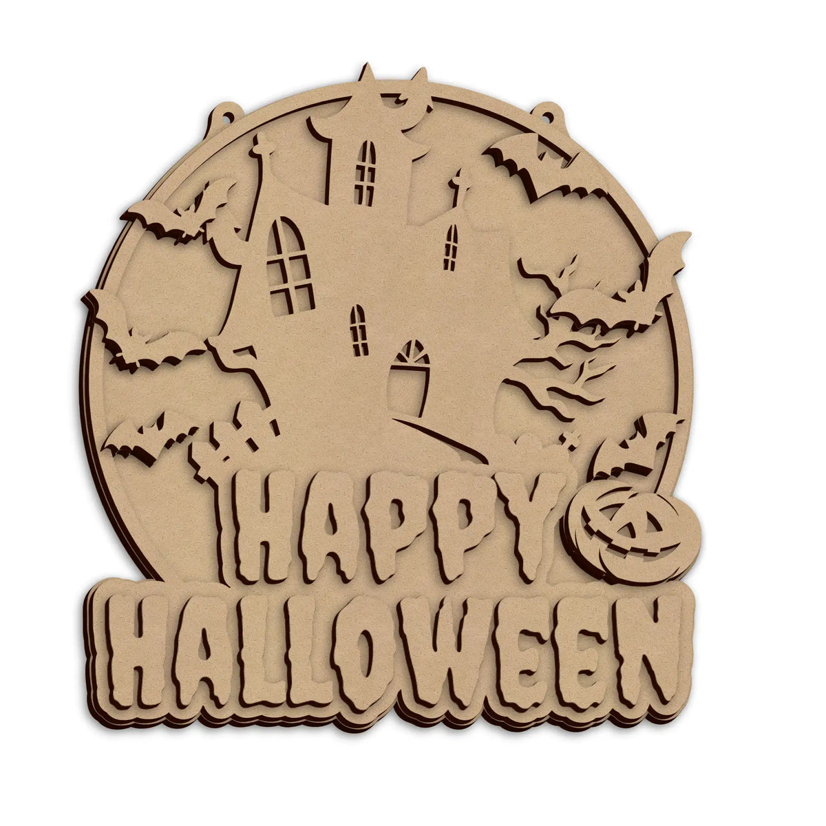 A laser-cut Happy Halloween plaque, with the words 'HAPPY HALLOWEEN', shown on a plain white background.