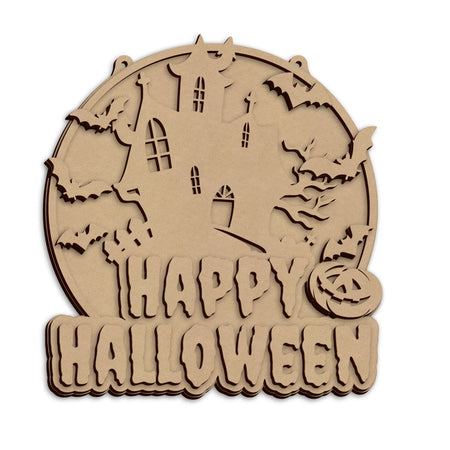 A laser-cut Happy Halloween plaque, with the words 'HAPPY HALLOWEEN', shown on a plain white background.