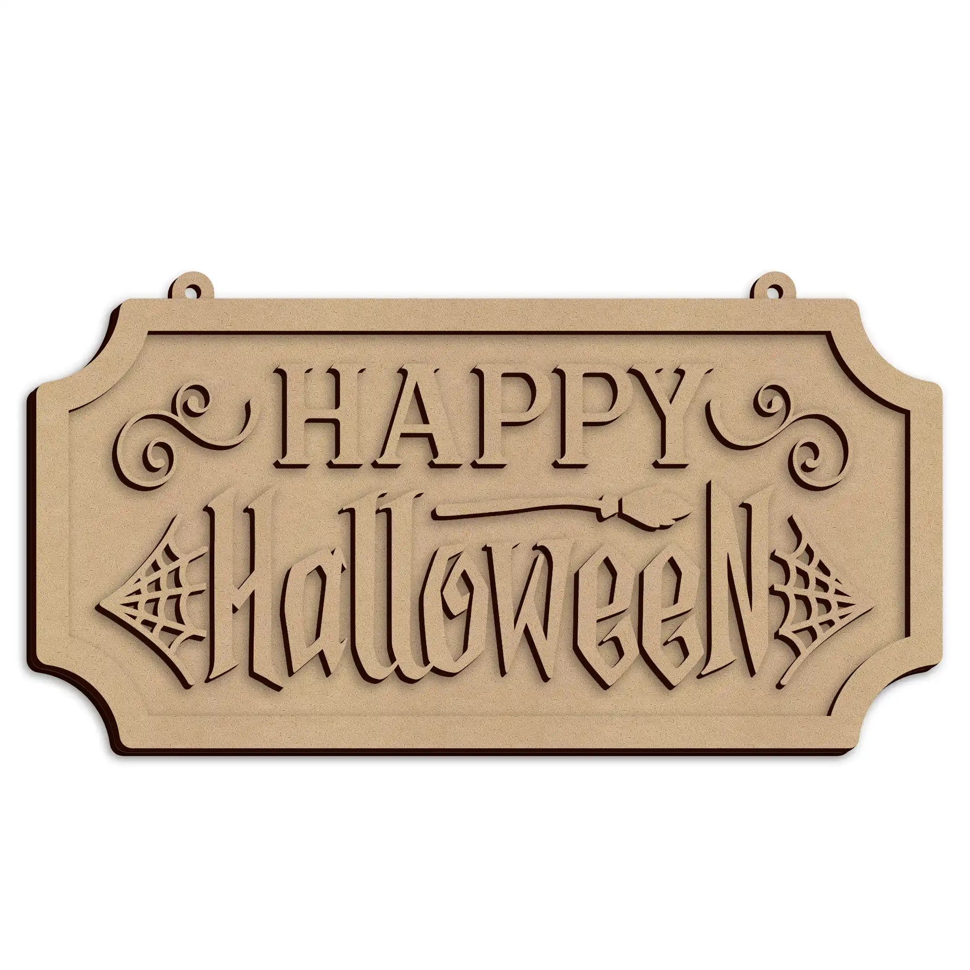 Layered wooden Happy Halloween Door Sign with laser cut detail.