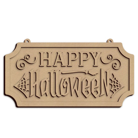 Layered wooden Happy Halloween Door Sign with laser cut detail.