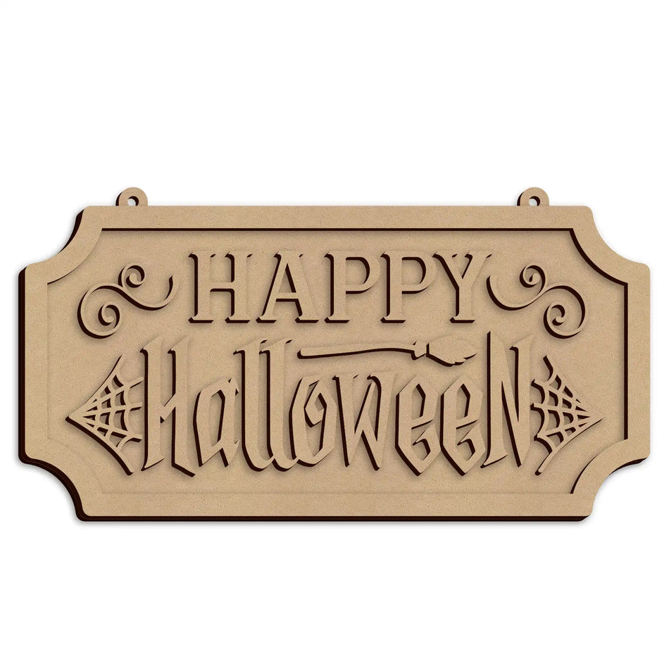 Layered wooden Happy Halloween Door Sign with laser cut detail.