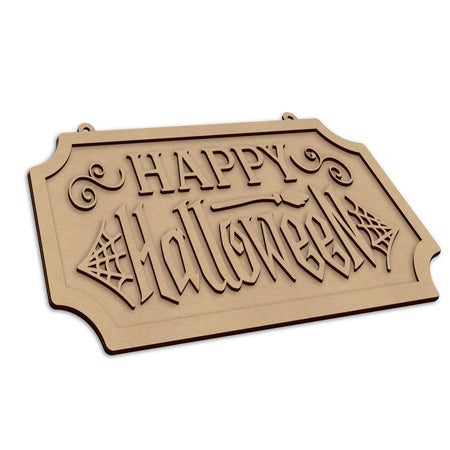 A laser cut wooden Happy Halloween Door Sign with laser cut detail.