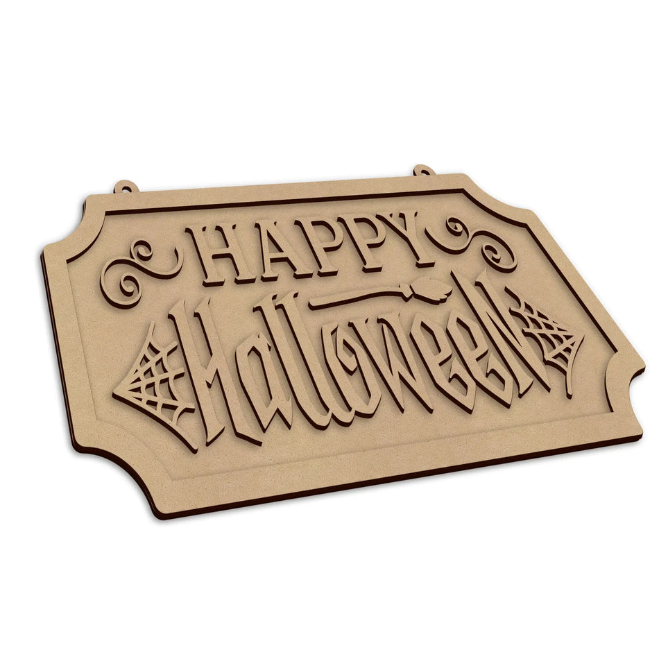 A laser cut wooden Happy Halloween Door Sign with laser cut detail.
