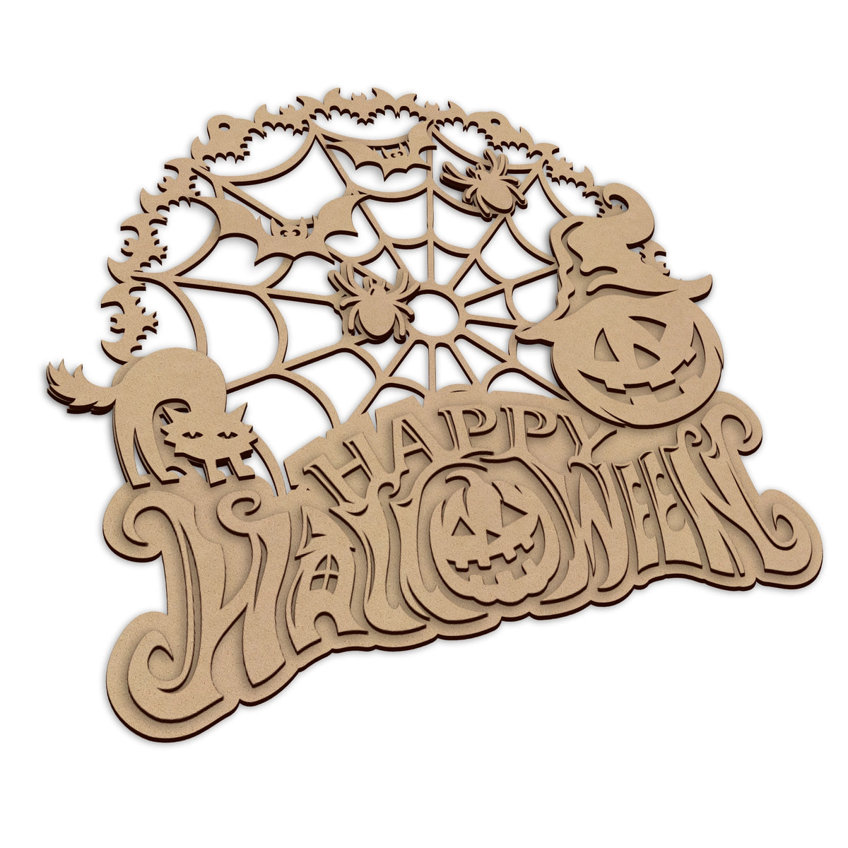 A laser-cut wooden Halloween decoration featuring a spiderweb, bats, pumpkins, with the words 'Happy Halloween', shown on a plain white background.
