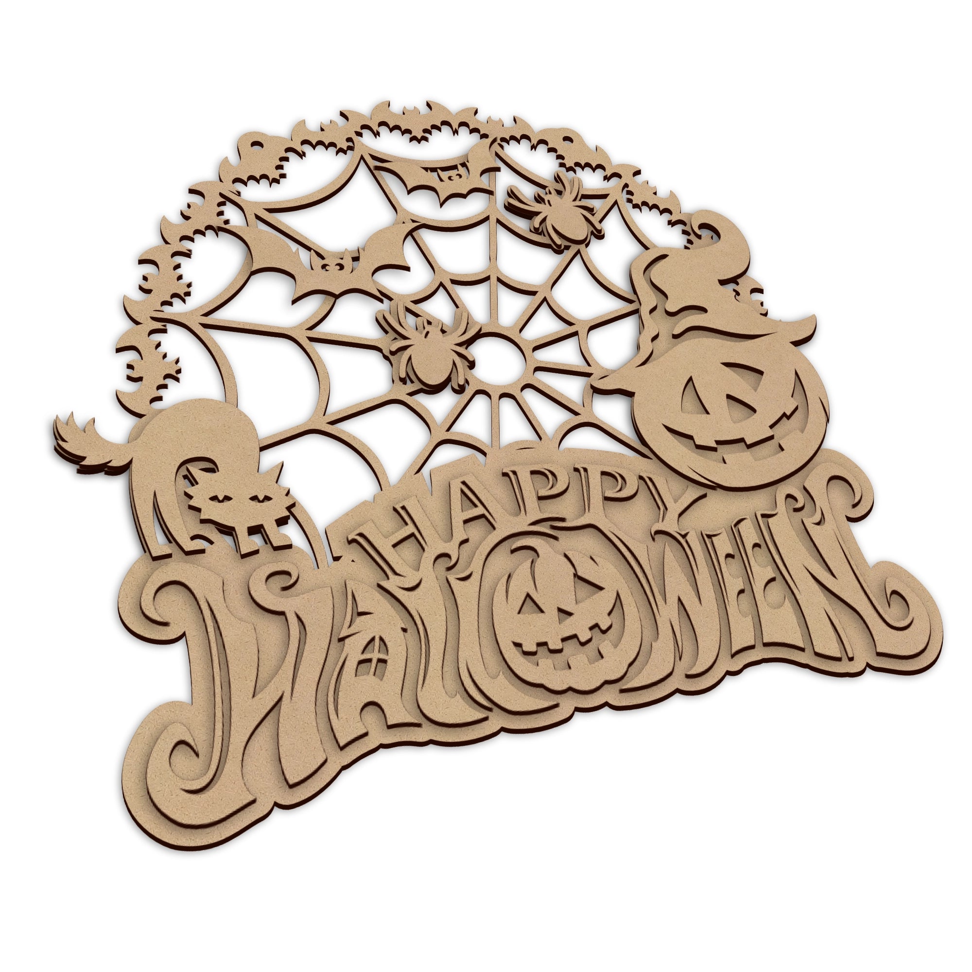 A laser-cut wooden Halloween decoration featuring a spiderweb, bats, pumpkins, with the words 'Happy Halloween', shown on a plain white background.