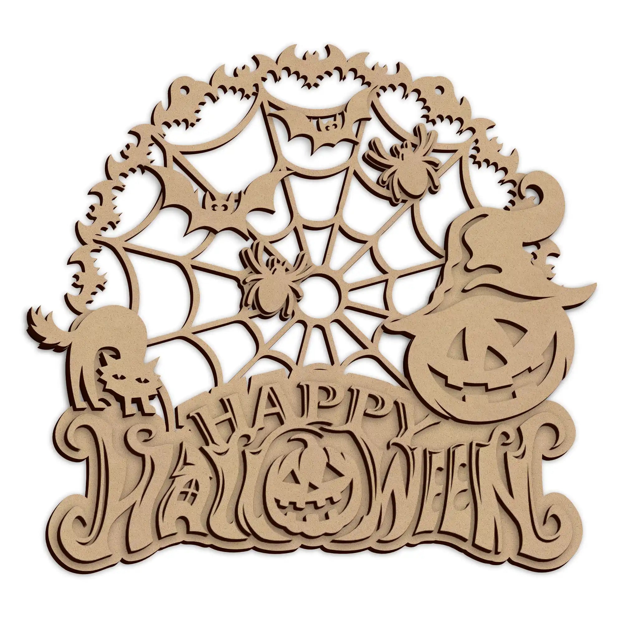 A laser-cut wooden Halloween decoration featuring bats and spiders, with the words 'Happy Halloween', on a white background.